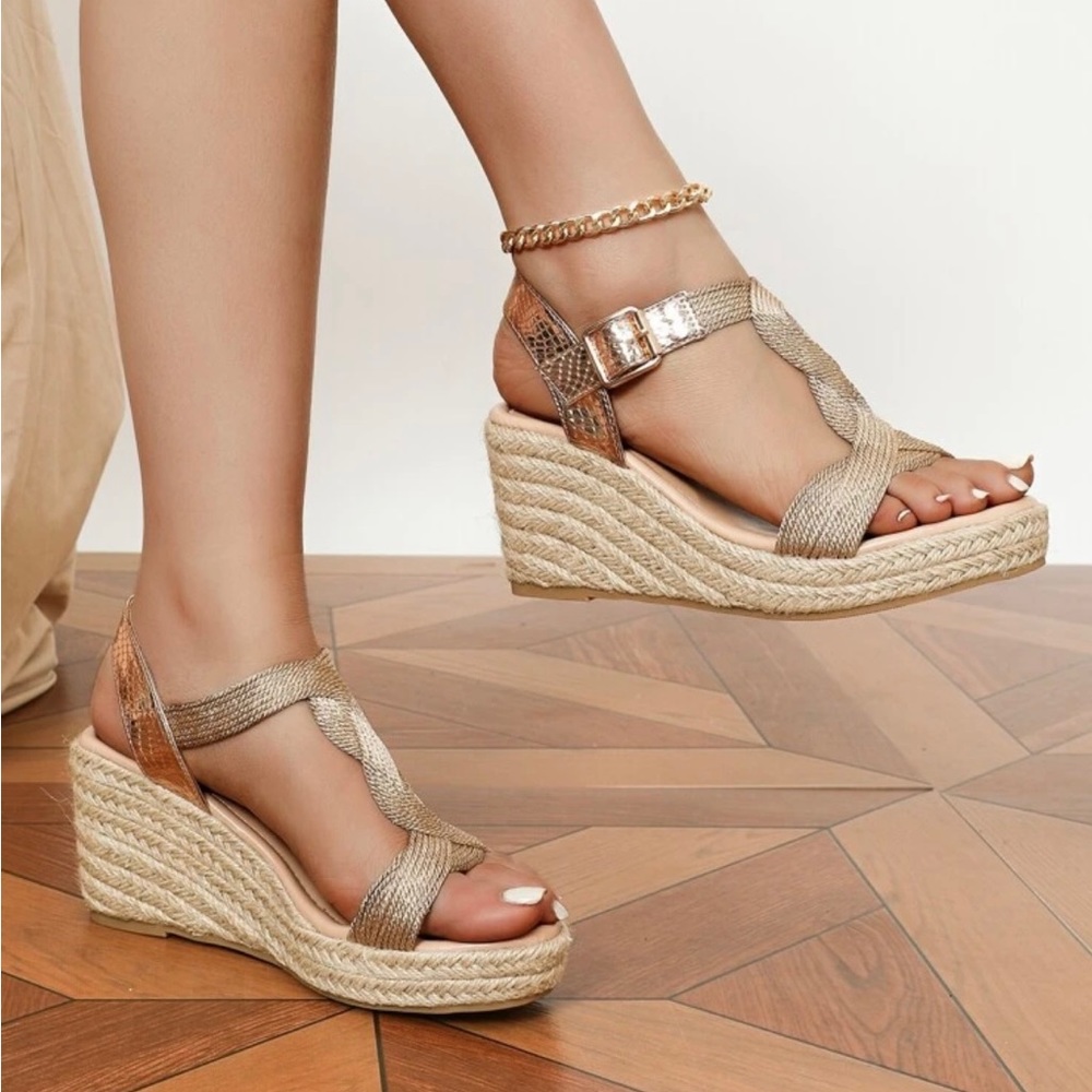 Snakeskin Embossed Glitter Ankle Strap Espadrille Wedge Sandals